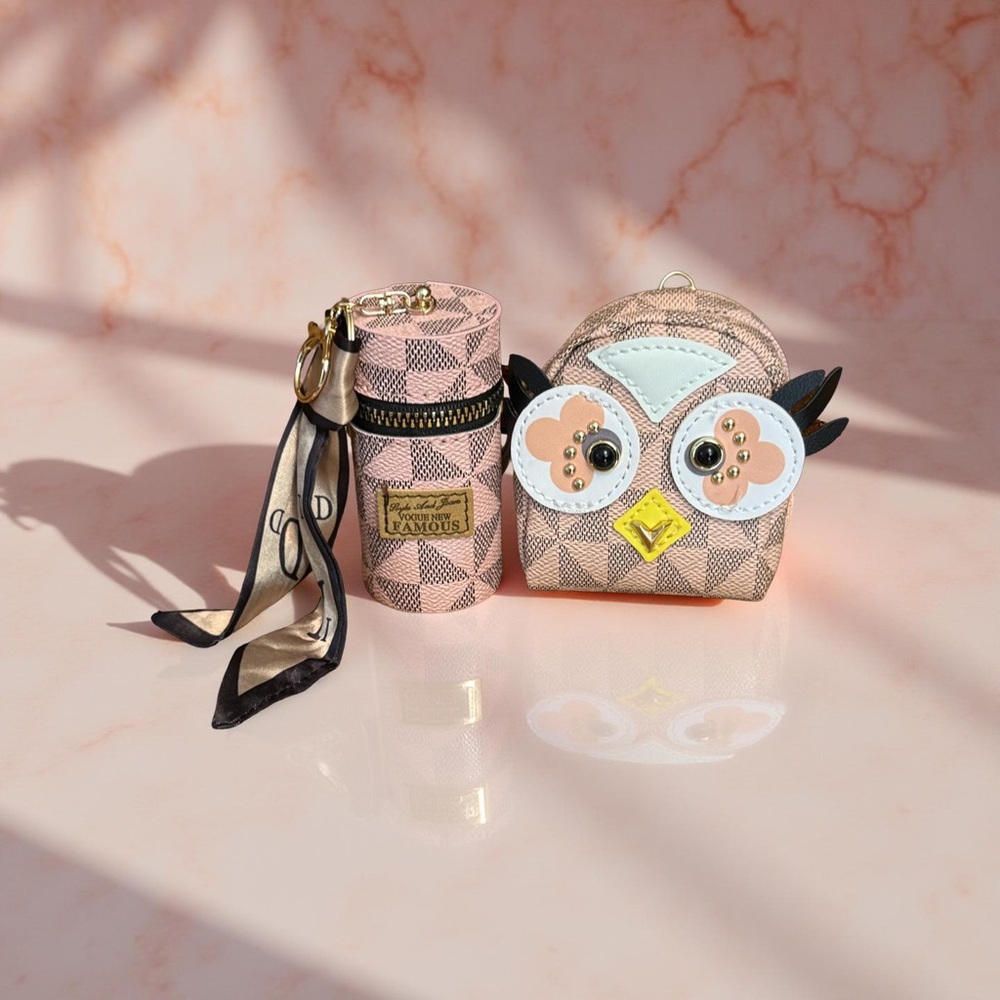 Pink Owl Mini Backpack Bagcharm and Lipstick/Lipgloss Holder Keychain